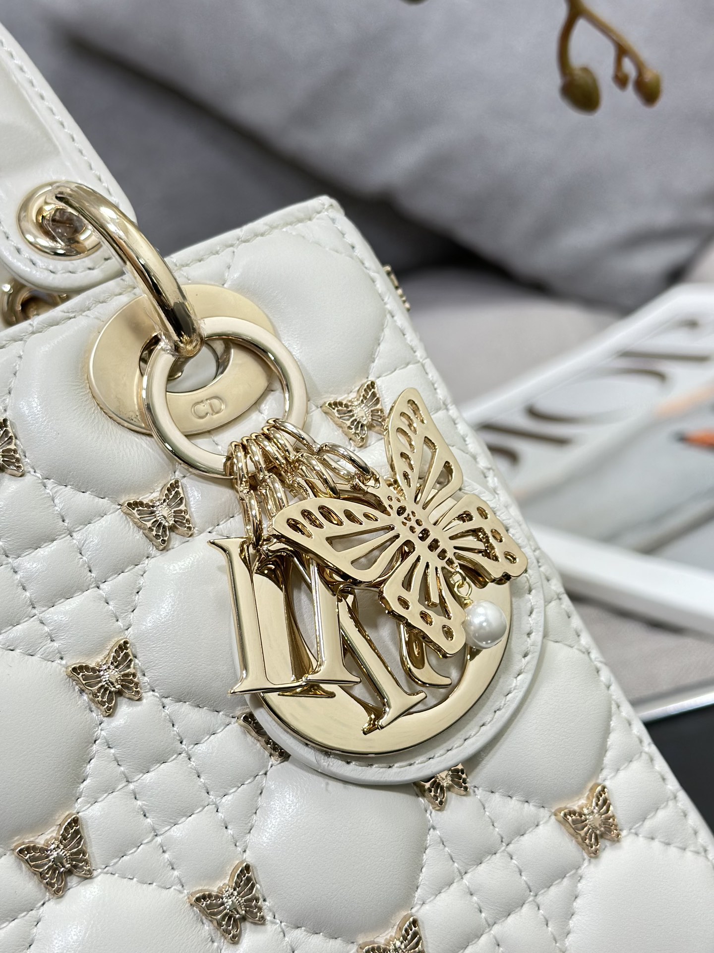 Small Lady Dior Bag White Lambskin with Butterfly Nail